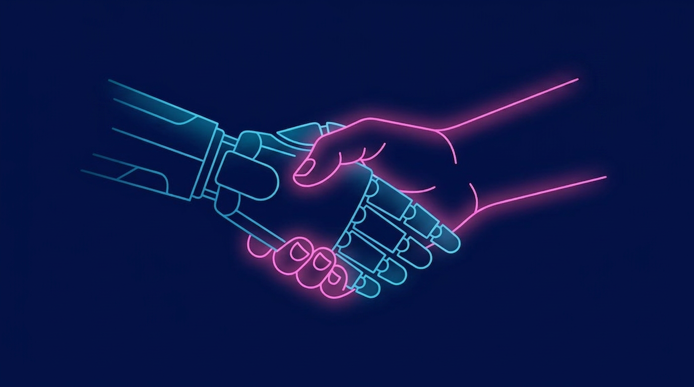 A geometric robot hand and a human hand meeting in a handshake