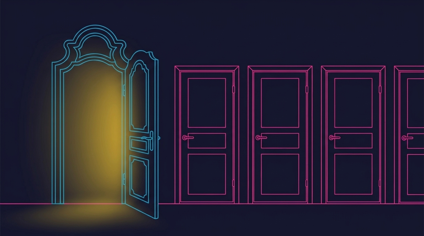 Line art illustration of a single open bespoke door glowing with warm light, beside a row of identical closed off-the-shelf doors
